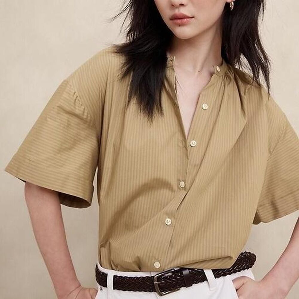Banana Republic Shadow Stripe Cotton Oversized Blouse XL Khaki Tan Minimalist